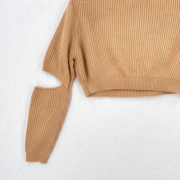 HOUSE OF CB LONDON Mila Sand Cropped Knit Sweater Womens XS Tan Cut out Crew - Picture 10 of 16